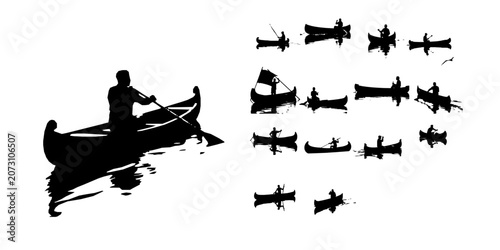 Tableau sur toile Man Steering A Dugout Canoe Silhouette