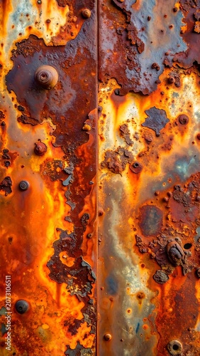 A close-up of a rusty metal surface with orange and brown hues