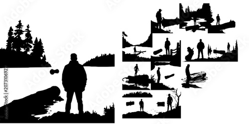 Bild auf Leinwand Man Watching A Log Float Downstream Silhouette