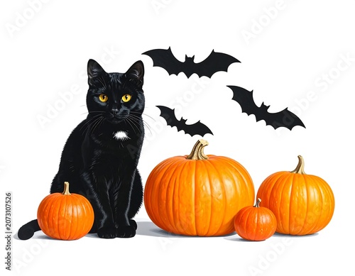 A black cat sitting beside three pumpkins and three bats on a white background