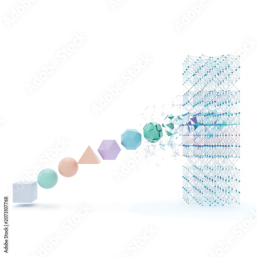 3D Geometric Shapes Transforming into Blue Digital Connection Network Abstract.