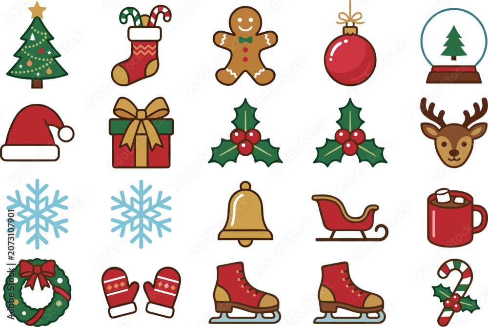Fototapeta premium Christmas holiday icon collection featuring Santa hat, Christmas tree, gingerbread cookie, wreath, sleigh, reindeer, snowflakes, and festive winter decorations