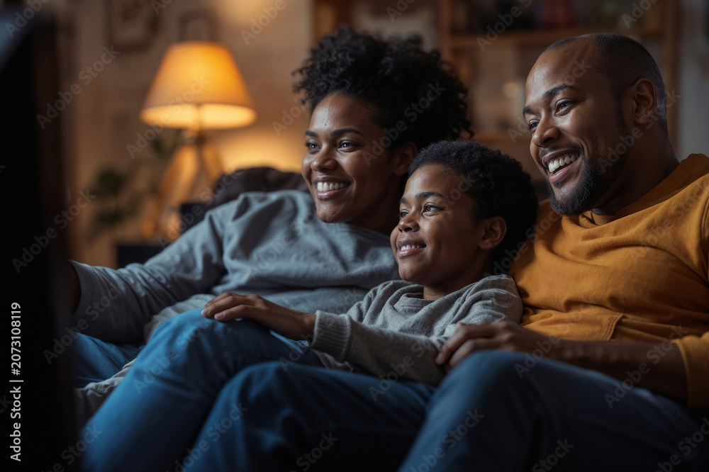 Fototapeta premium African-American family with child relaxing on couch watching TV together in the evening