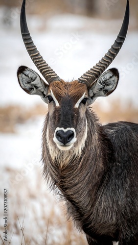 A close-up of a serene animal with long horns standing calmly