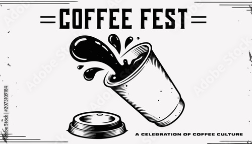 Coffee Fest, Disposable Cup, Coffee Culture, Black and White Illustration, Vector Graphic
