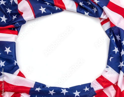 A circular frame made of crumpled fabric with red and white stripes and blue stars on a white background