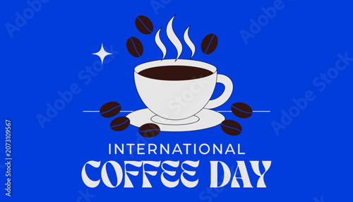 International Coffee Day, coffee cup, steaming hot coffee, blue background, vector illustration