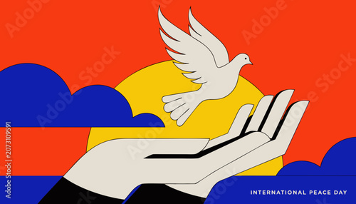 Peaceful dove on hand, International Peace Day symbol, white bird in flight, hand gesture for peace, colorful illustration