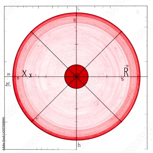 A circular graph with concentric red rings and grid lines on a white background