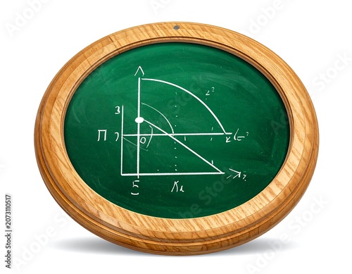 A circular green chalkboard with a wooden frame displaying a geometric diagram