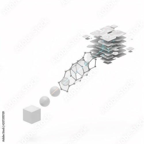 3D Evolution of Geometric Objects into Complex Digital Data Structure on White.