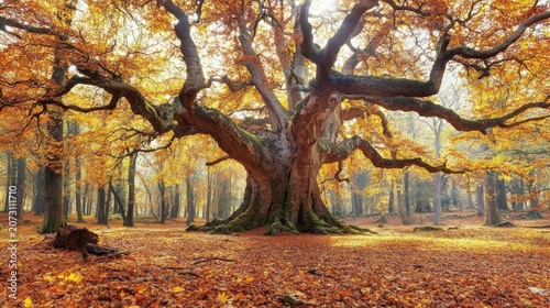 Majestic ancient oak tree with golden autumn foliage in a sun-dappled forest floor covered in leaves