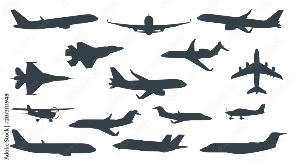 Fototapeta premium Set of airplane and jet aircraft silhouette vectors