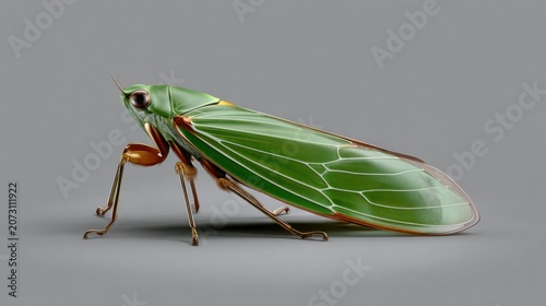 Vibrant Green Cicada In Detailed Close-Up On Gray Background