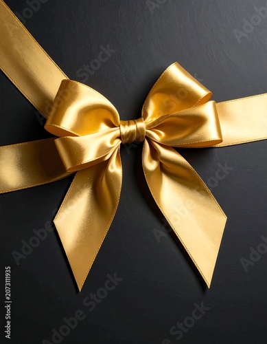 A close-up of a shiny golden ribbon tied in a bow on a dark background