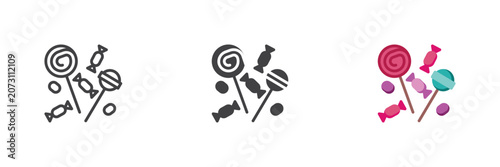 Cuadro en lienzo Lollipops candy icon with swirl suckers and small sweets in line, solid and flat colorful icon styles