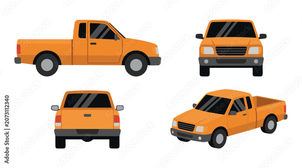 Fototapeta premium Orange pickup truck vector set with multiple vehicle views