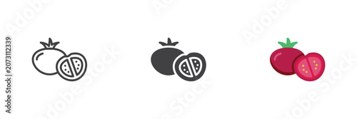 Tomatoes icon with one whole tomato and a cut half in line, solid and flat colorful icon styles. Color vector sign and symbol for vegetable food.