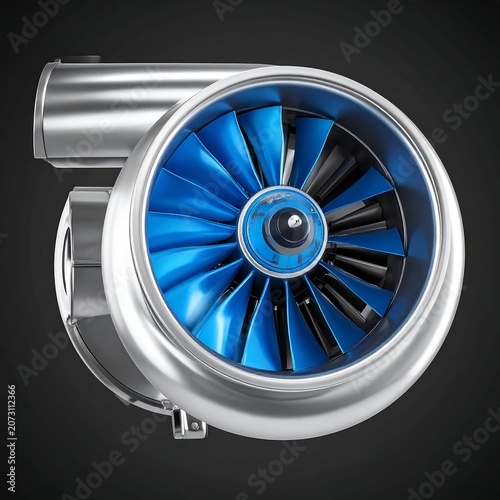 A close-up of a shiny metallic turbocharger with blue and black blades