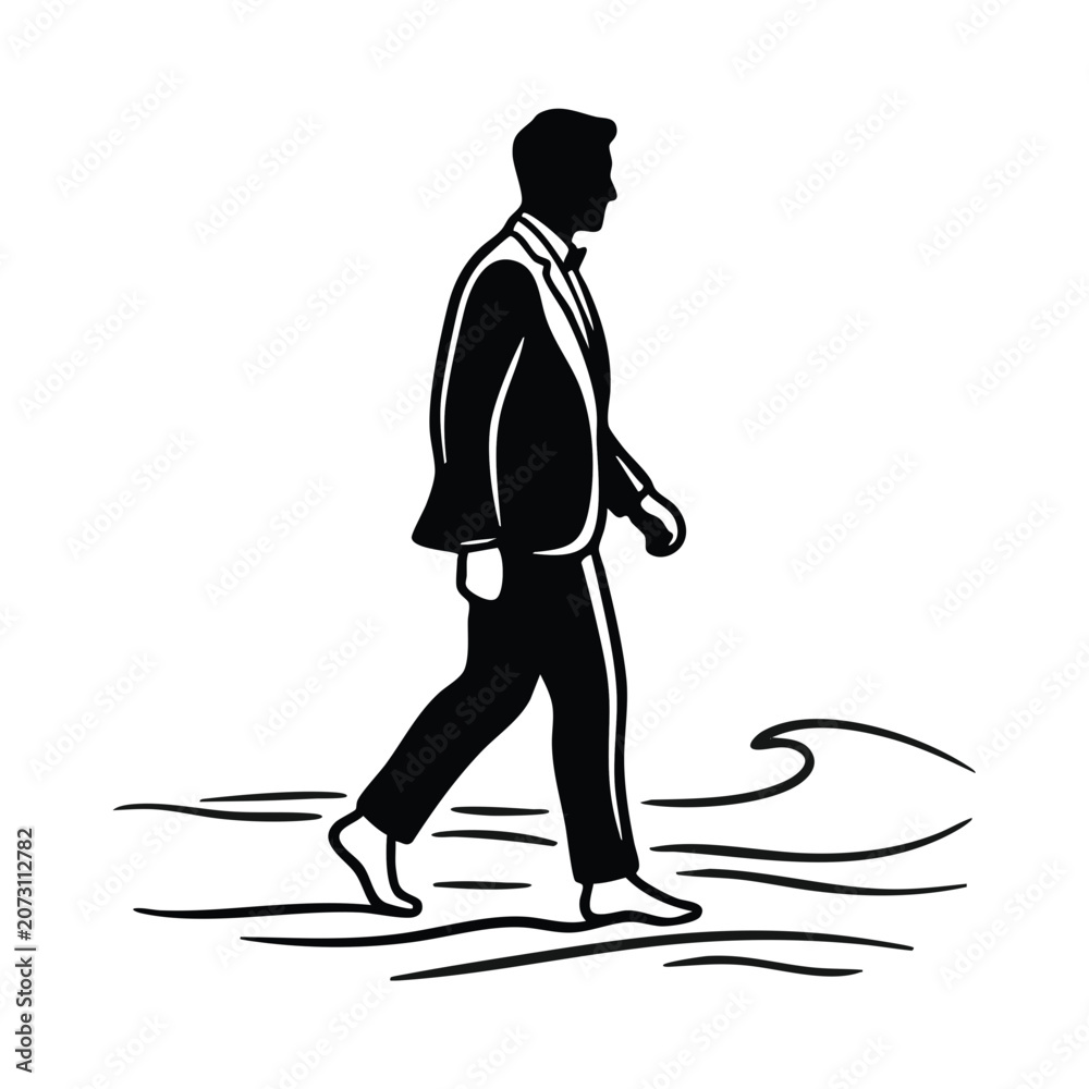 Fototapeta premium Groom walking barefoot on the beach. Destination wedding vector illustration. Silhouette of man in suit on seashore isolated on transparent background