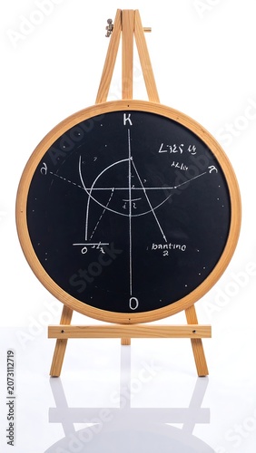 A black circular chalkboard on a wooden easel with white astronomical markings