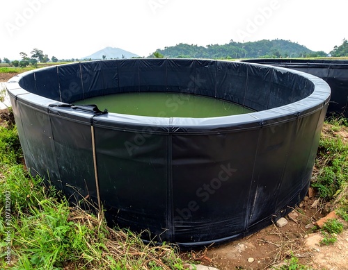 A black, circular, collapsible pool filled with green water