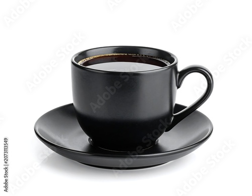 A black coffee cup and saucer on a white background
