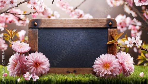 Spring Background With Slate Board And Flowers