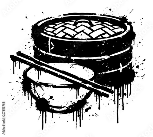 Fotografía Bamboo steamer basket and bowl with chopsticks in asian dim sum stencil style