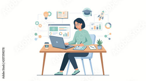 Woman Working at Desk with Digital Learning Icons