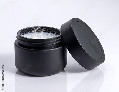 A black cylindrical container with a matching lid, partially filled with white fibrous material