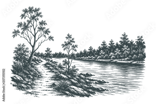 Bild auf Leinwand Hand drawn riverside landscape collection in vintage engraving style, detailed n