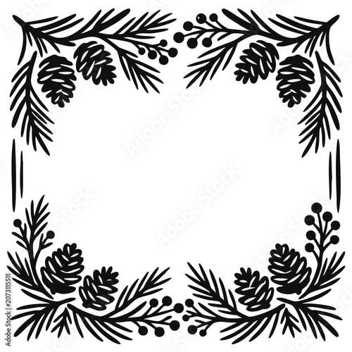 Winter wedding border with pinecones and berries. Rustic line art frame with pine branches. Vector graphic isolated