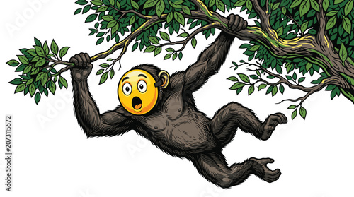 Photography Monkey Hanging From Tree Branch.