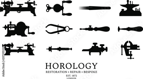 Fotografie Professional Vintage Horology and Clock Repair Machinery Silhouette Icon Set Fea