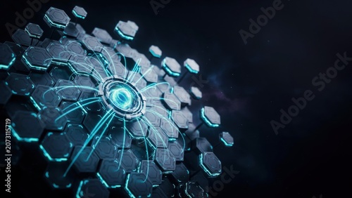 Glowing blue circuit board with hexagonal tiles and wires on dark background