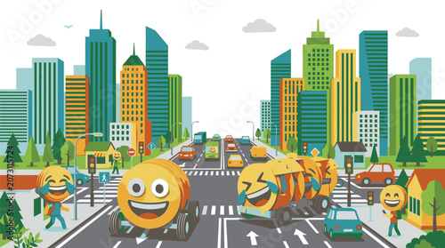 Canvastavla Smiling Yellow Emoticon Characters Walking Street.