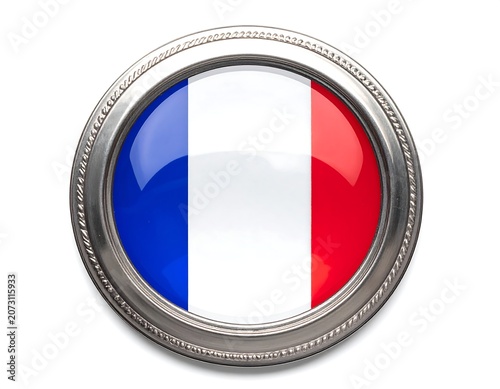 A circular silver-framed emblem featuring the French flag