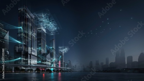 Futuristic cityscape with neon lights and network connections at night