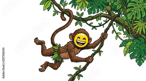 Canvas Print Monkey hanging from tree branch smiling.