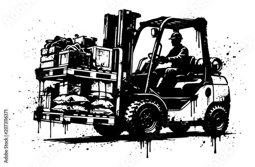 Fotografie Forklift truck transporting loaded pallets with driver in industrial black and w