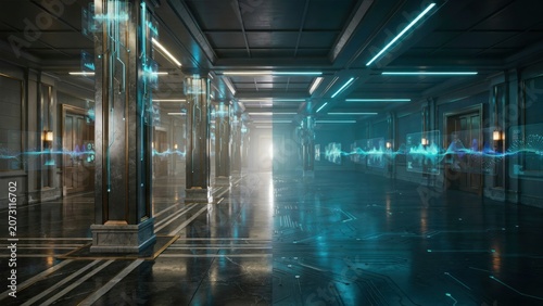 Futuristic corridor with blue lights and metallic walls