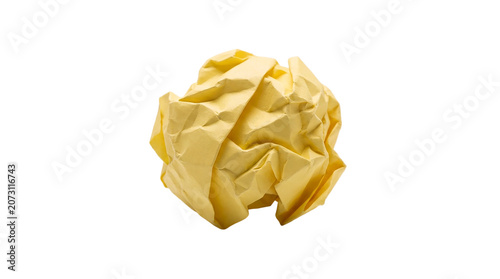Crumpled yellow paper ball isolated on transparent background for business or creative concepts