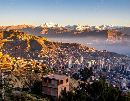 A city nestled in a valley with snow-capped mountains in the background at sunrise