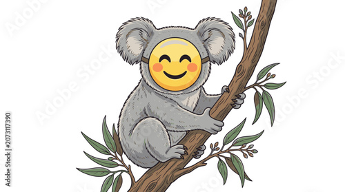 Canvas Print Smiling Koala Sitting on Tree Branch.