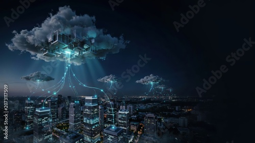 Futuristic cityscape with glowing blue cloud and data connections