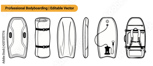 Foto Bodyboarding equipment vector outline icons showing professional bodyboard design, inflatable pump, backpack case, and board profile view for summer sports branding in clean modern minimal style