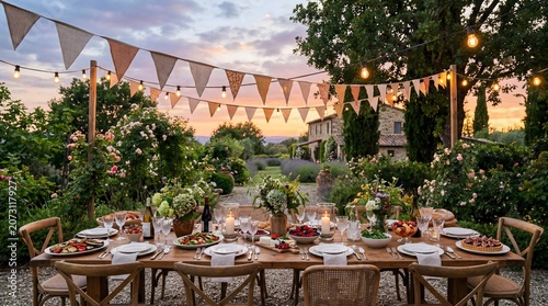 Rustic backyard dinner table with flowers and evening lights