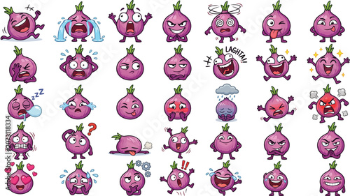 Cute Chibi Onion Mascot Sticker Pack with Funny Cartoon Emotions and Goofy Vector Expressions