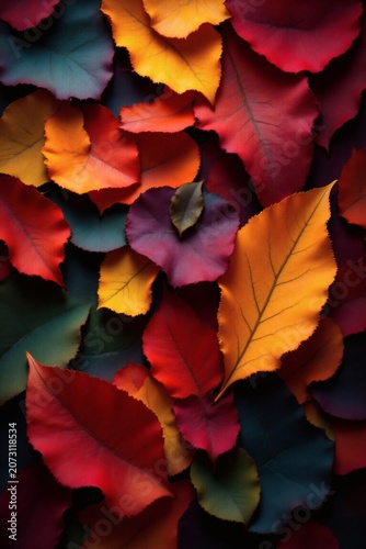Vibrant fall leaves in deep jewel tones featuring rich reds oranges yellows and deep greens